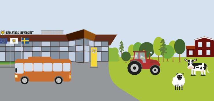 Illustration med universitetet och djur på landet.